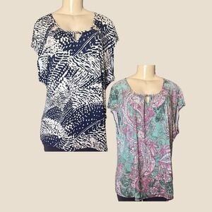 Grayson 2X Lot of 2 Blouses Navy Gray Wave Green Pink Paisley Print Short Sleeve